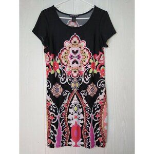 Paperdoll Women's MultiColor Henna Stretch Dress Black Pinks Size M Medium